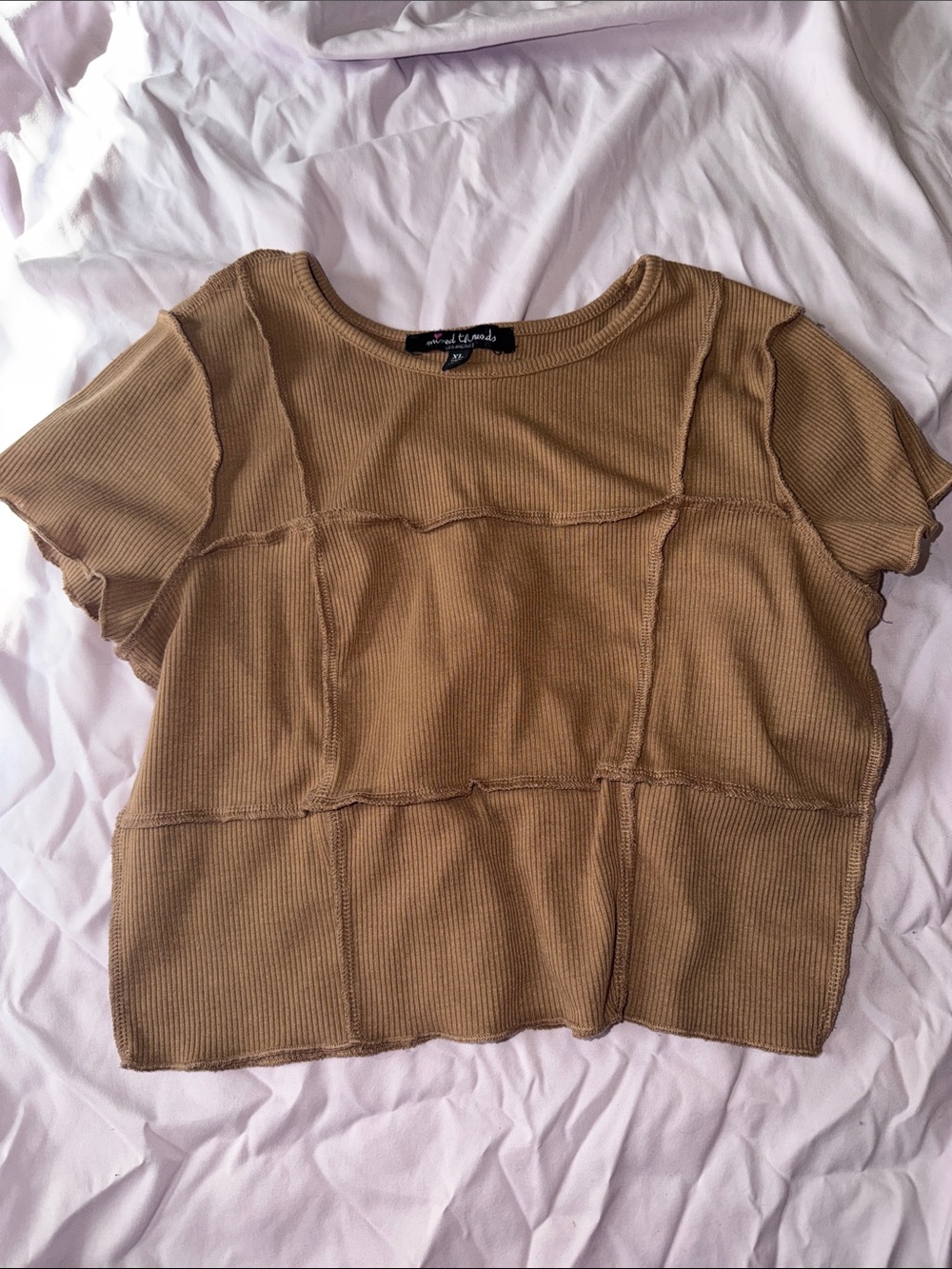 Mixed threads Los Angeles size xl tan ribbed patchwork short sleeve crop top